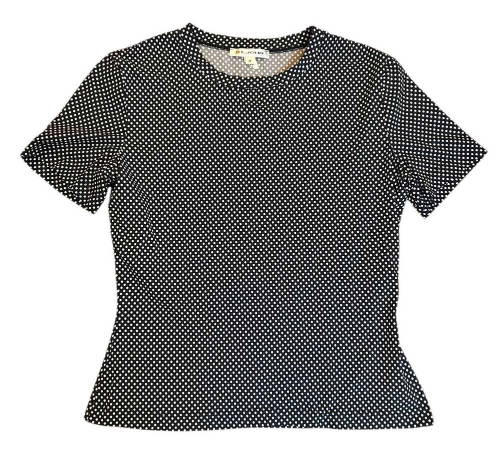 ST. JOHN Navy Blue Polka Dot Short Sleeve Stretch Women's Top T Shirt MEDIUM